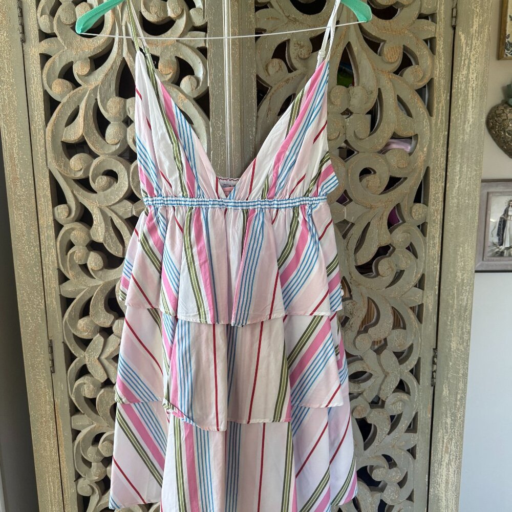 Hill House White Mini Dress with Pink, Blue & Green Stripes